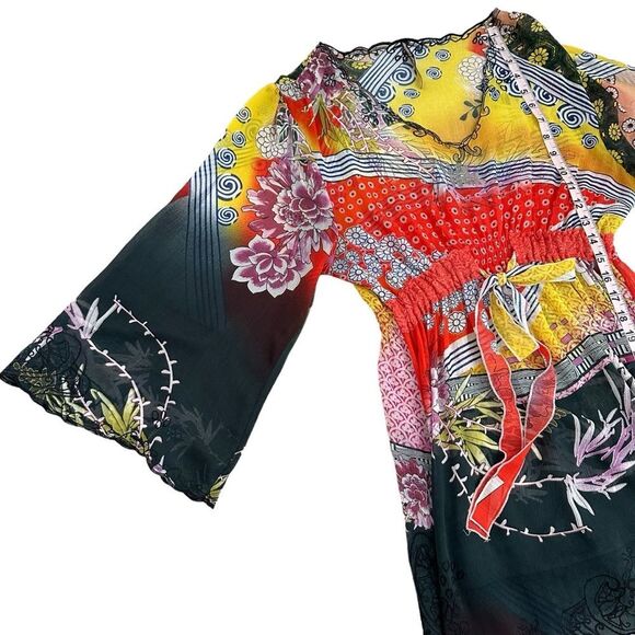 Sienna Rose Women L Sheer Tunic Floral Art Wear Bell Sleeve Coverup Boho Gothic - Picture 4 of 10